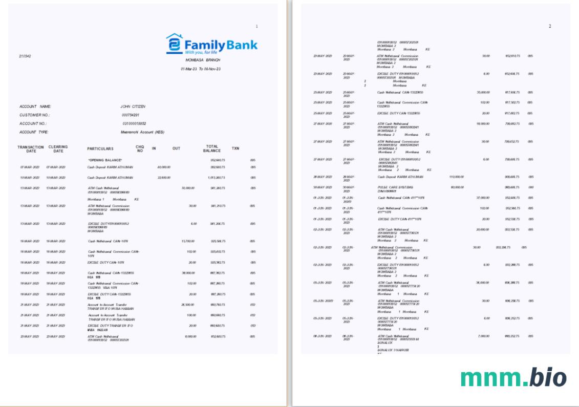Kenya Equity Bank konto wyciąg 5 stron